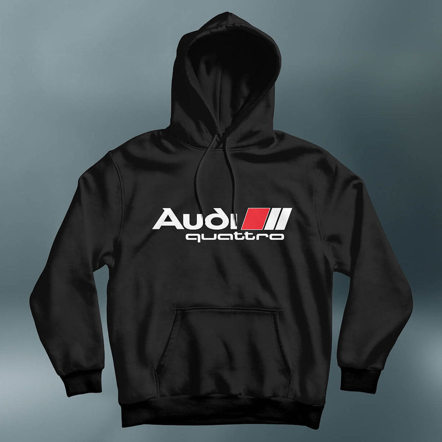 Black pullover hoodie with white Audi quattro lettering and red-and-white chest stripes.