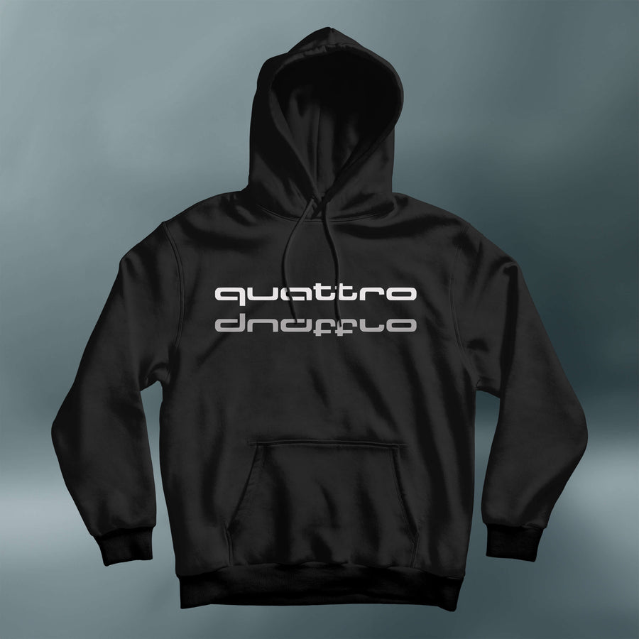 Black pullover hoodie with two white quattro wordmarks across the chest, one inverted.