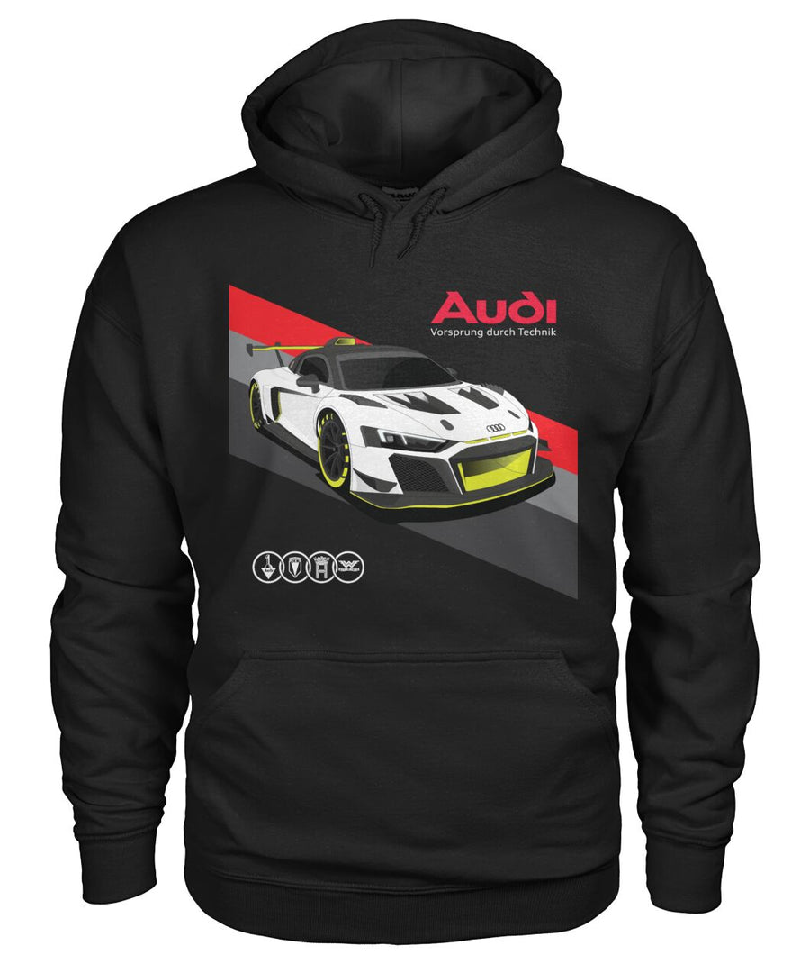Black pullover hoodie with a white racing-car graphic, red Audi lettering and geometric panels on the front.